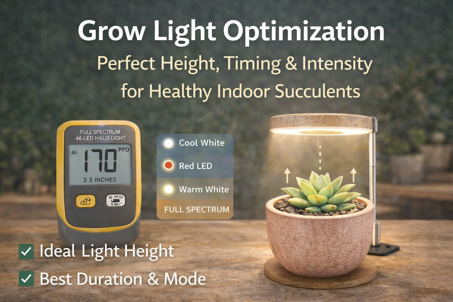 Succulent grow light setup showing correct height and intensity for indoor succulents