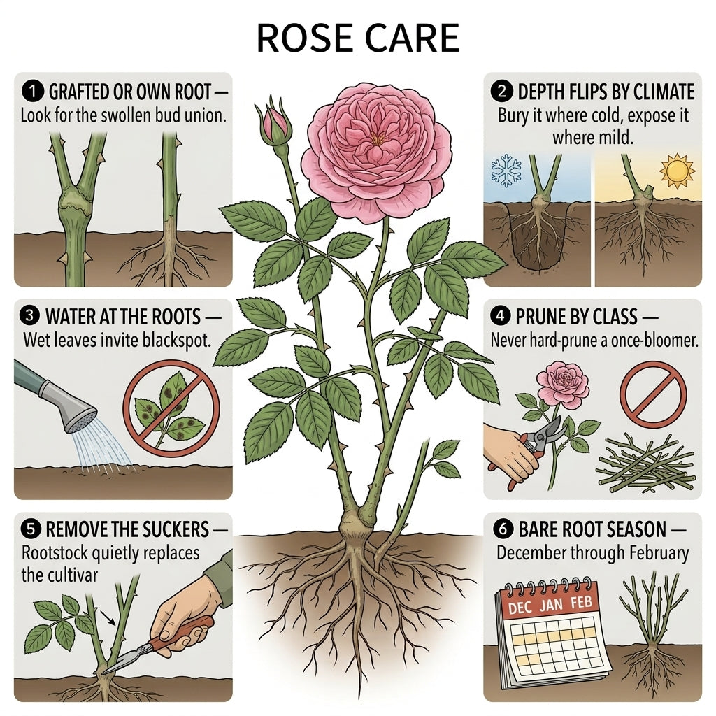 Rose Care Guide: Own-Root vs. Grafted, and Why Planting Depth Flips by Climate