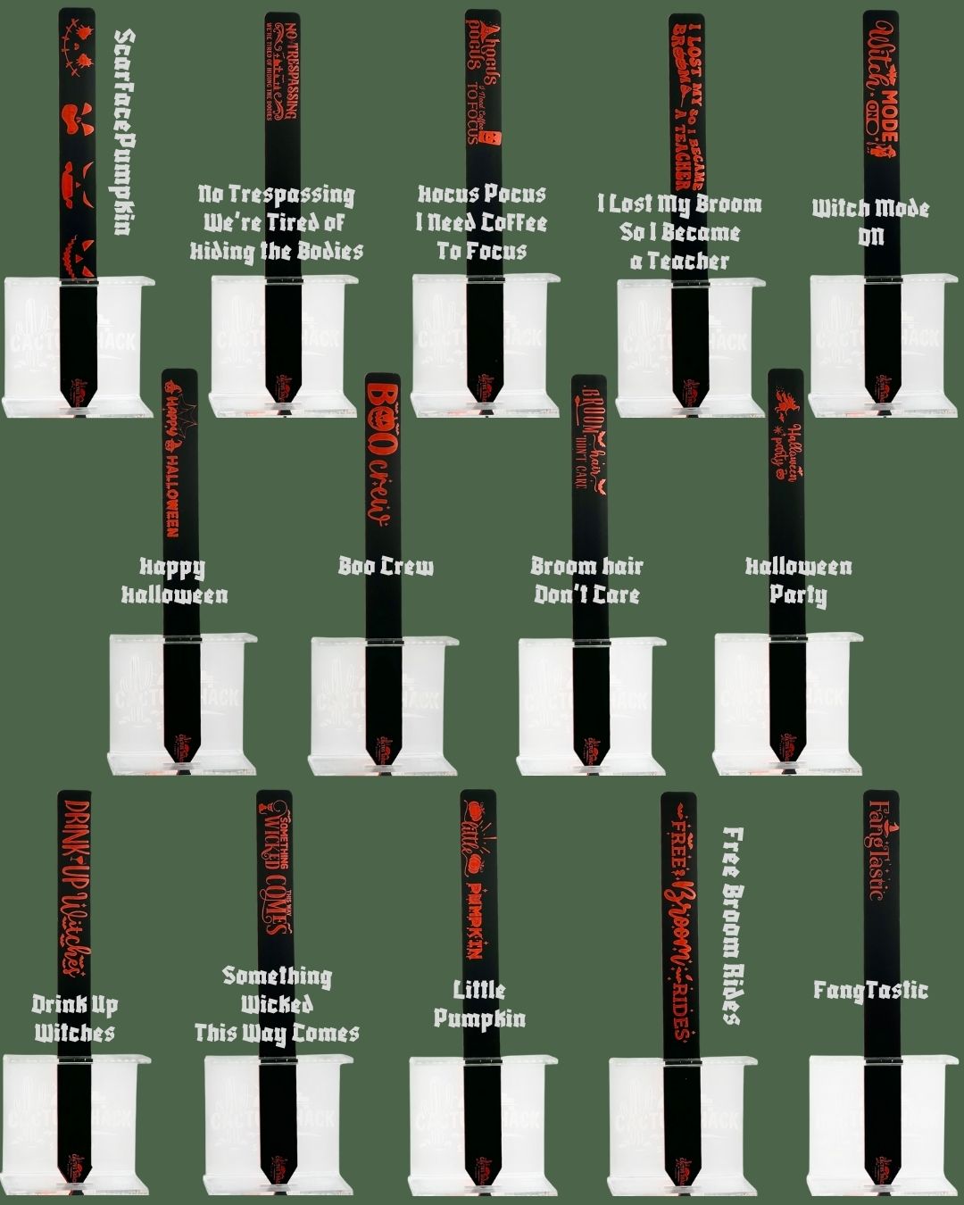 2025 Halloween plant tag design lineup – spooky neon orange acrylic with white engraving | Cactus Shack Studio
