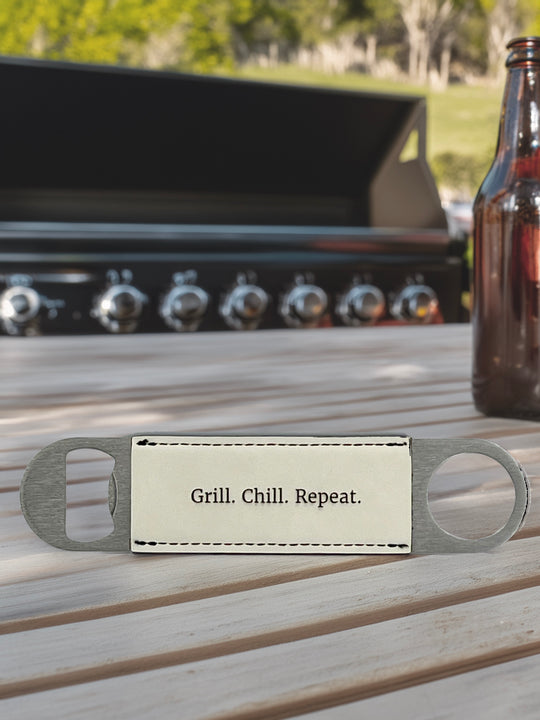 Custom Engraved Bottle Opener – Stainless Steel with Leatherette or Wood Veneer Finish