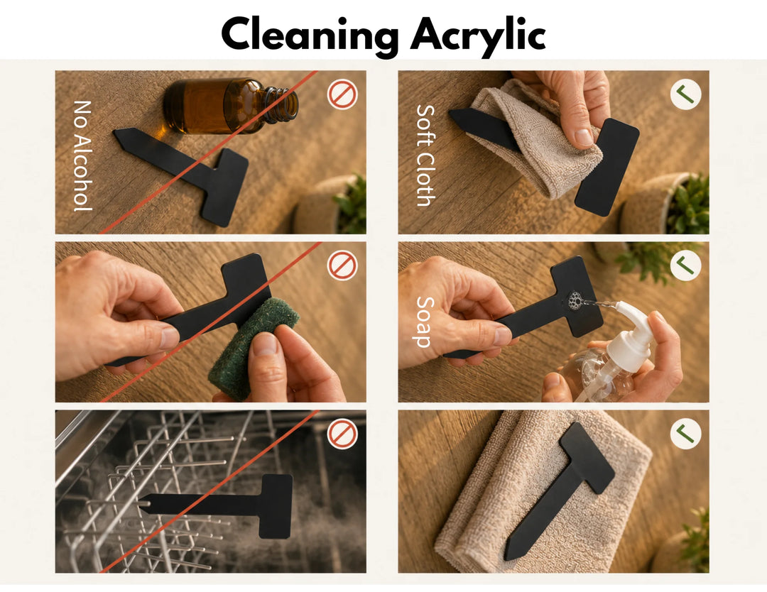 Cleaning an engraved acrylic plant marker to keep the white lettering readable outdoors | Cactus Shack Studio