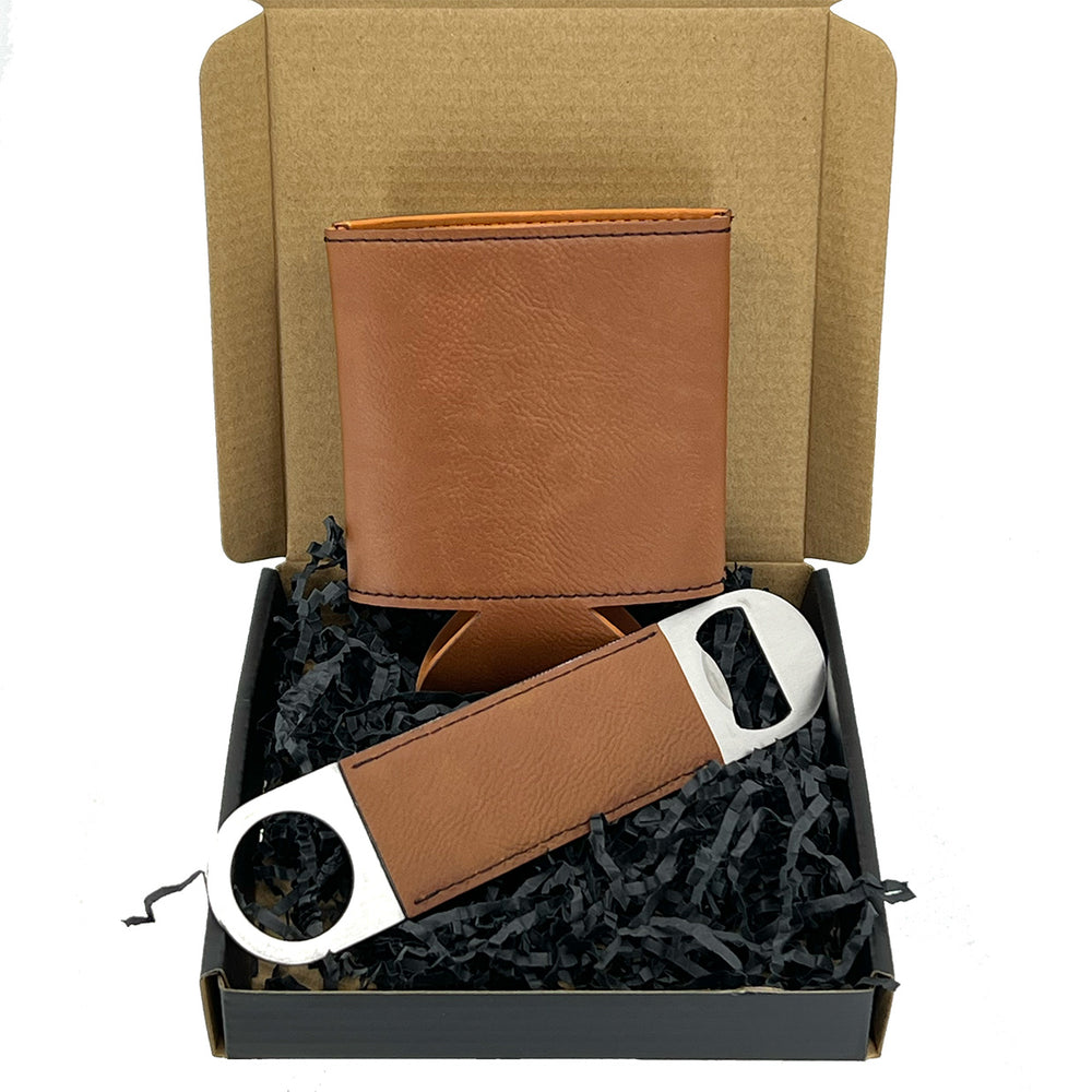 Engraved Bottle Opener & Coozie Gift Set for Him – Custom Text – Father's Day, Groomsman, Birthday Gift for Dad, Husband or Boyfriend