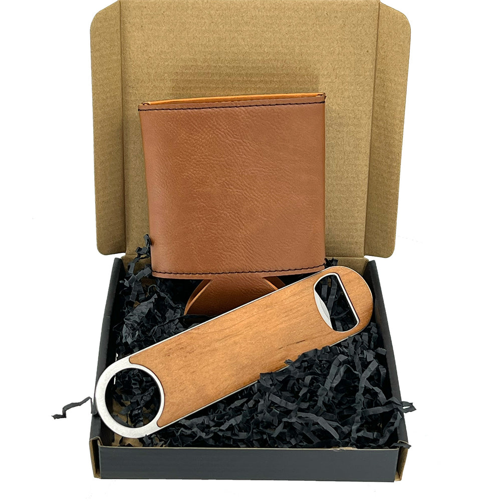 Personalized Bottle Opener & Coozie Gift Set for Him – Custom Text – Father's Day, Groomsman, Birthday Gift for Dad, Husband or Boyfriend