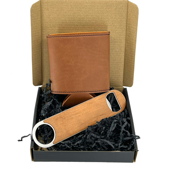 Engraved Bottle Opener & Coozie Gift Set for Him – Custom Text – Father's Day, Groomsman, Birthday Gift for Dad, Husband or Boyfriend