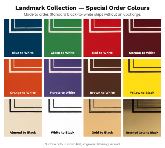 Twelve special order colors for the Landmark engraved plant marker: blue, green, red, maroon, orange, purple and brown with white lettering; yellow, almond, white, gold and brushed gold with black lettering.