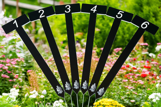 Numbered Plant Stakes, White on Black Acrylic, Set of 6