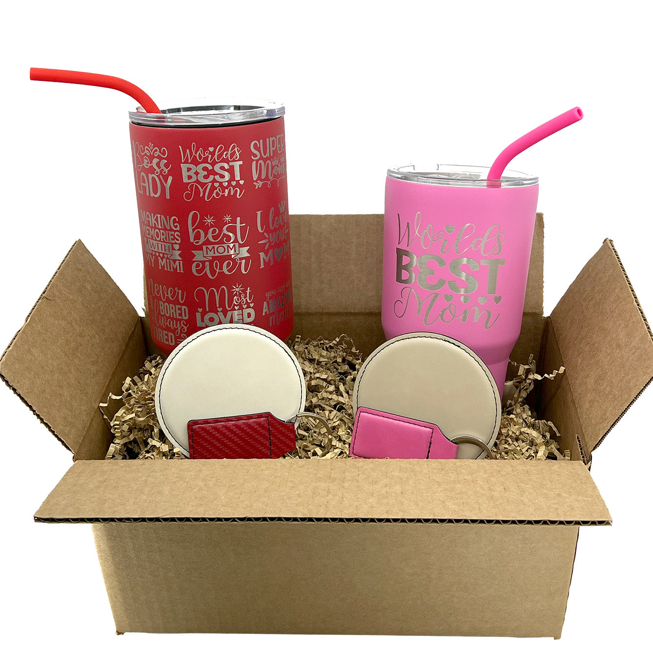 Personalized engraved tumbler, keychain and coaster gift box bundle for Mom | Cactus Shack Studio