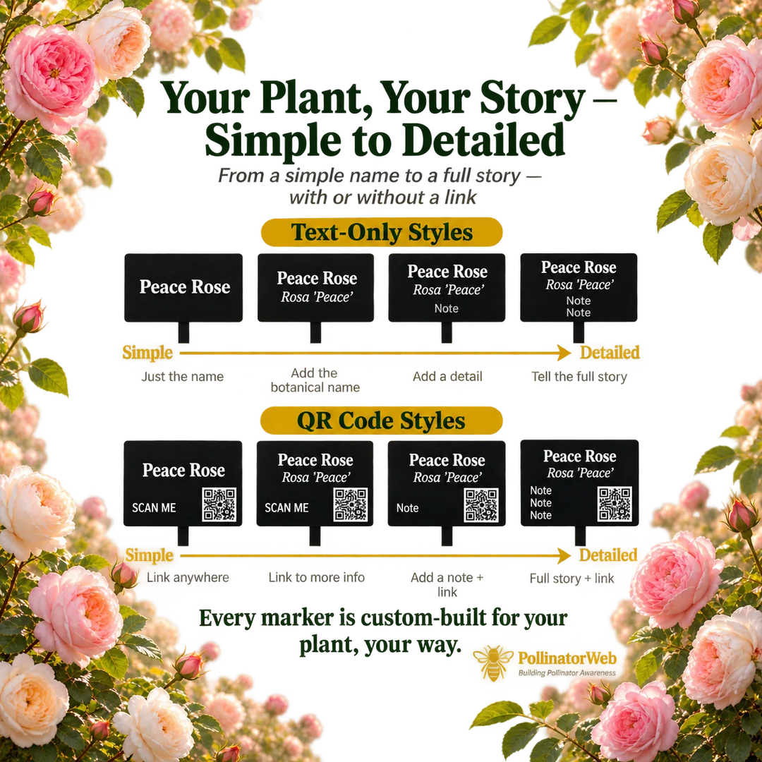 Engraved marker examples for roses, from cultivar name alone to name, class and the year it bloomed