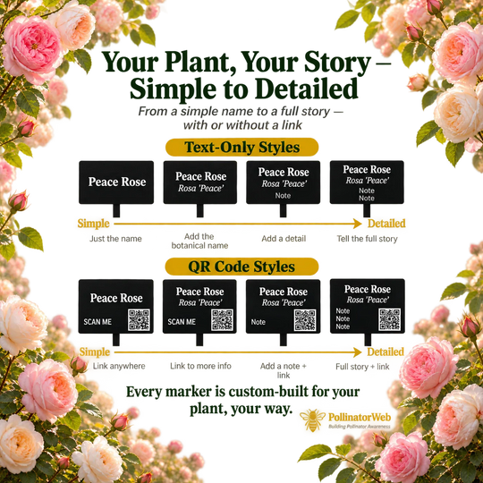 Engraved marker examples for roses, from cultivar name alone to name, class and the year it bloomed
