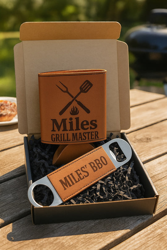 Personalized Bottle Opener & Coozie Gift Set for Him – Custom Text – Father's Day, Groomsman, Birthday Gift for Dad, Husband or Boyfriend