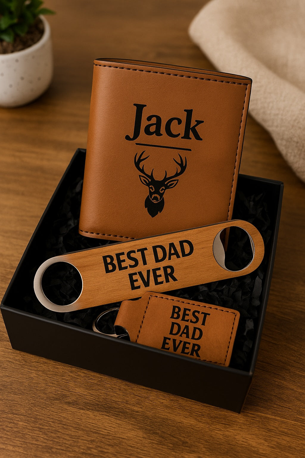 Personalized Bottle Opener & Coozie Gift Set for Him – Custom Text – Father's Day, Groomsman, Birthday Gift for Dad, Husband or Boyfriend