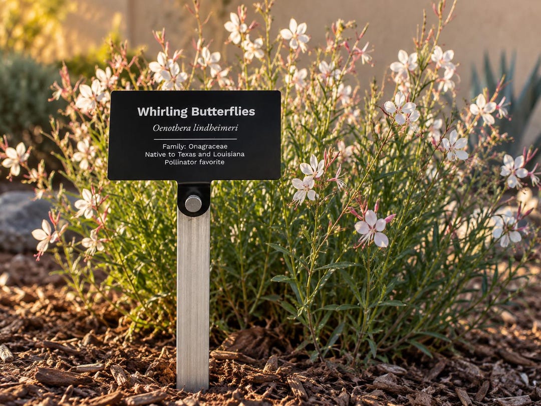 Landmark large plant marker, black two-tone acrylic panel engraved with Whirling Butterflies, Oenothera lindheimeri, on a solid aluminum stake in a garden bed
