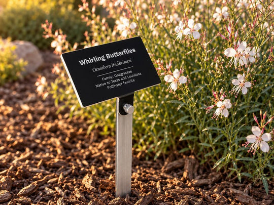 Close-up of the Landmark engraved plant marker showing white lettering cut into black acrylic, mounted on a 1-inch aluminum stake