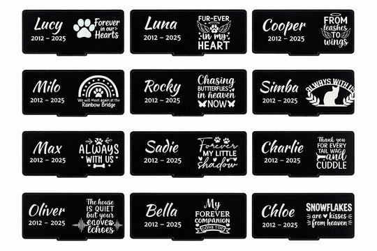 Close-up of engraved pet memorial acrylic tag