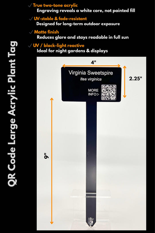 Close-up of engraved QR code on acrylic stake
