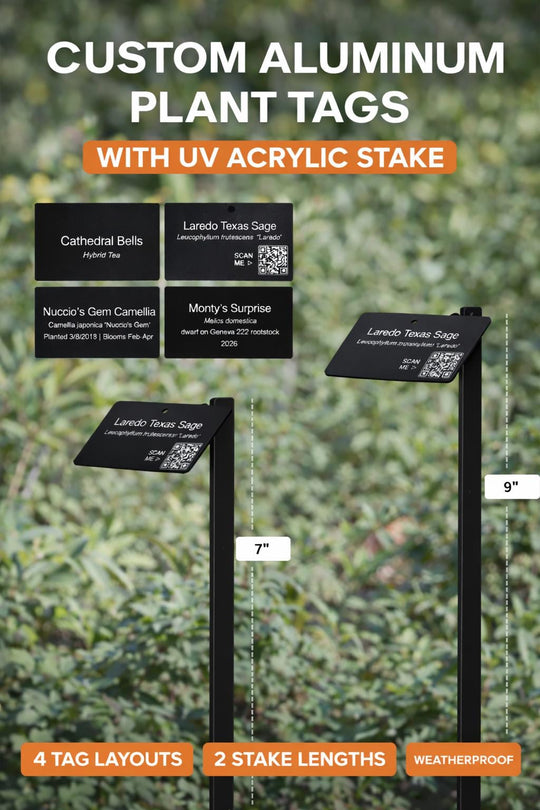 Aluminum plant tag mounted on acrylic stake