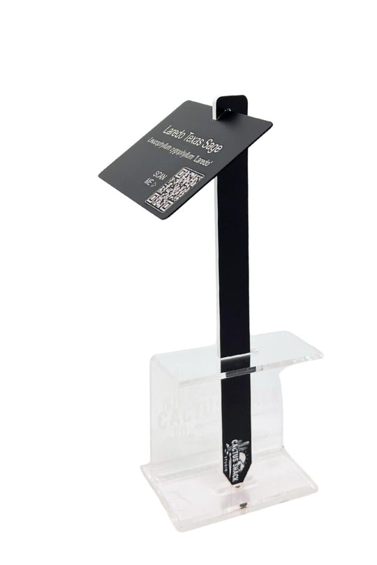 Close-up of engraved aluminum tag on acrylic stake