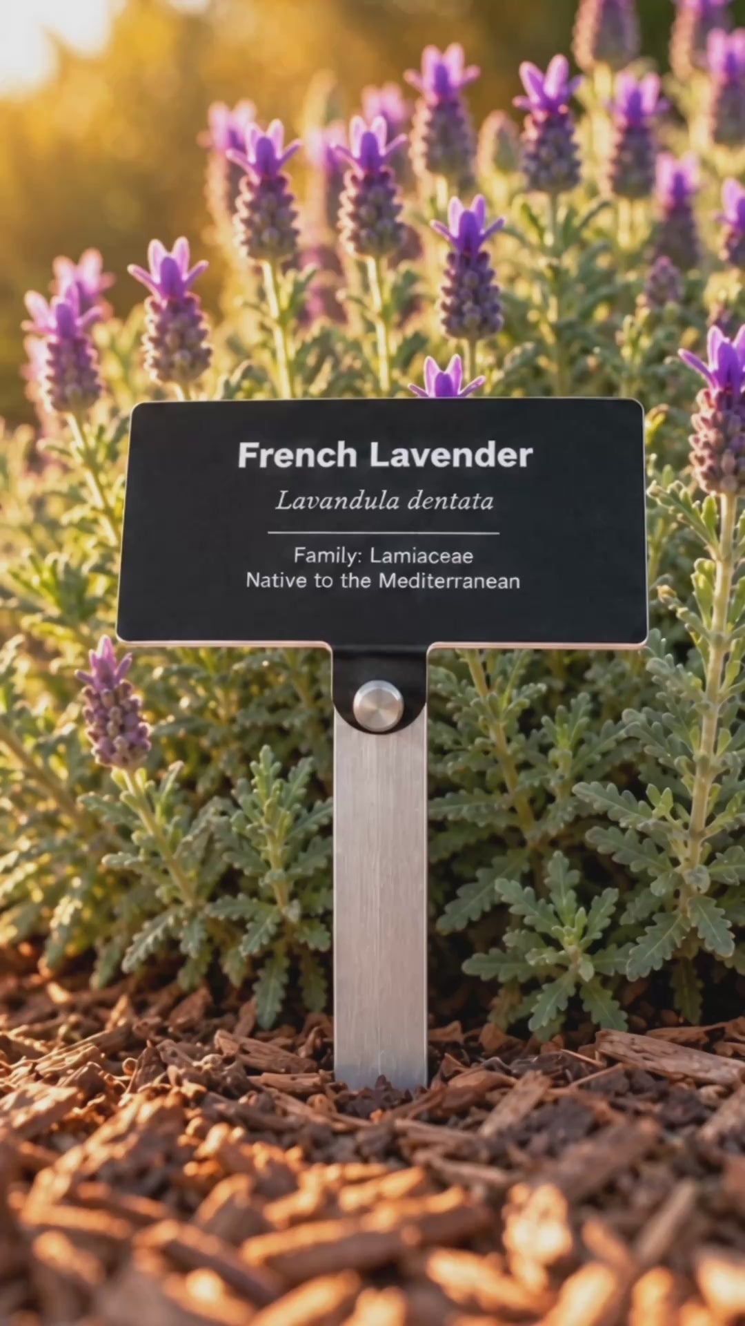 Engraved acrylic Landmark plant marker for French Lavender on an aluminum stake, shown in a blooming lavender garden bed