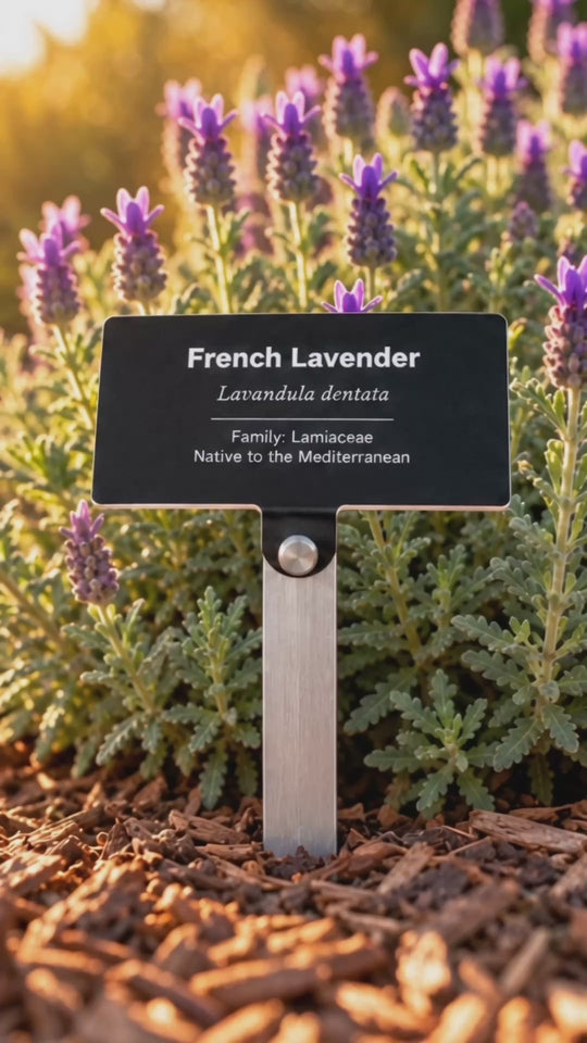 Engraved acrylic Landmark plant marker for French Lavender on an aluminum stake, shown in a blooming lavender garden bed